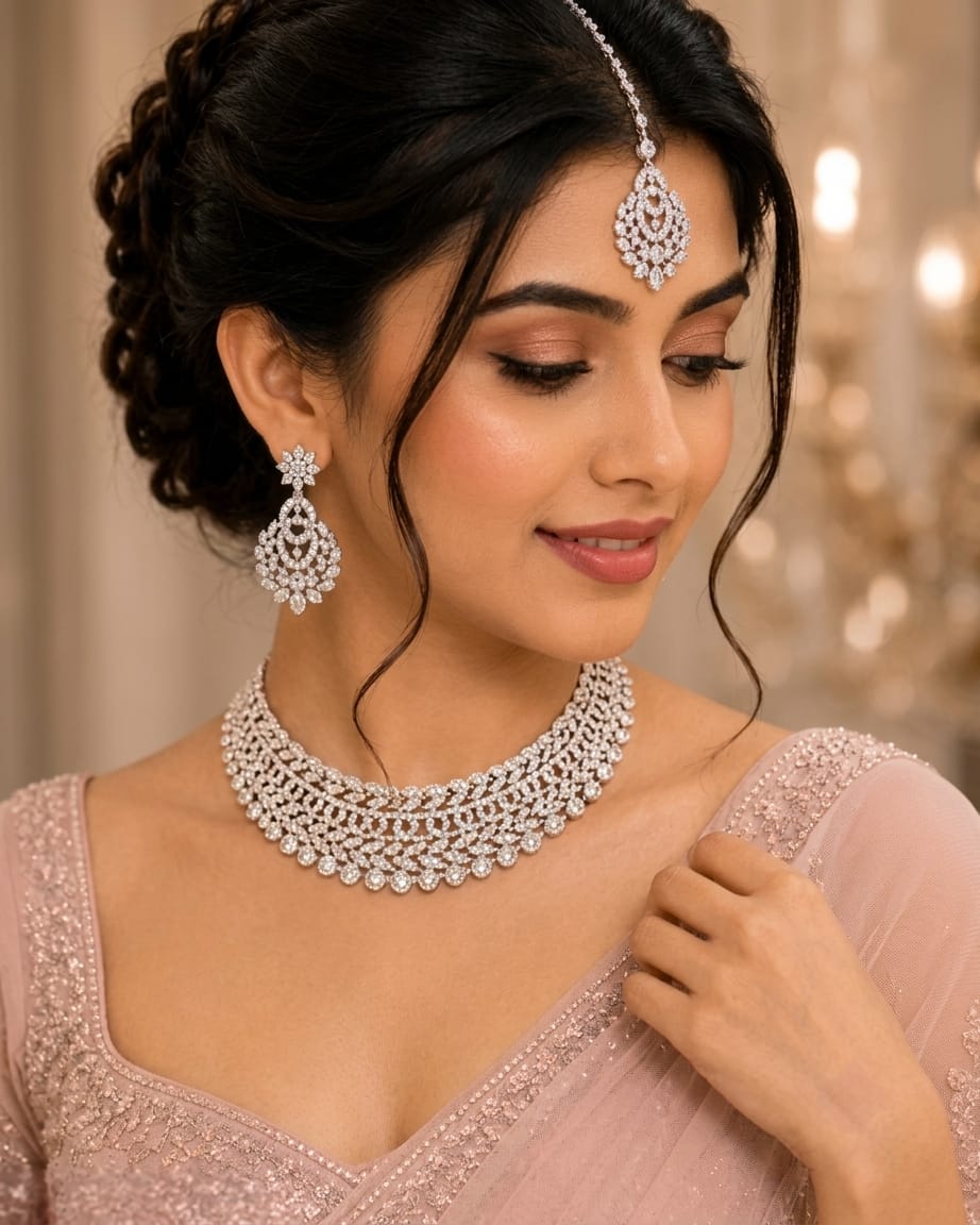 Silver American Diamond Bridal Choker Set with Earrings & Maangtikka Trend Craze