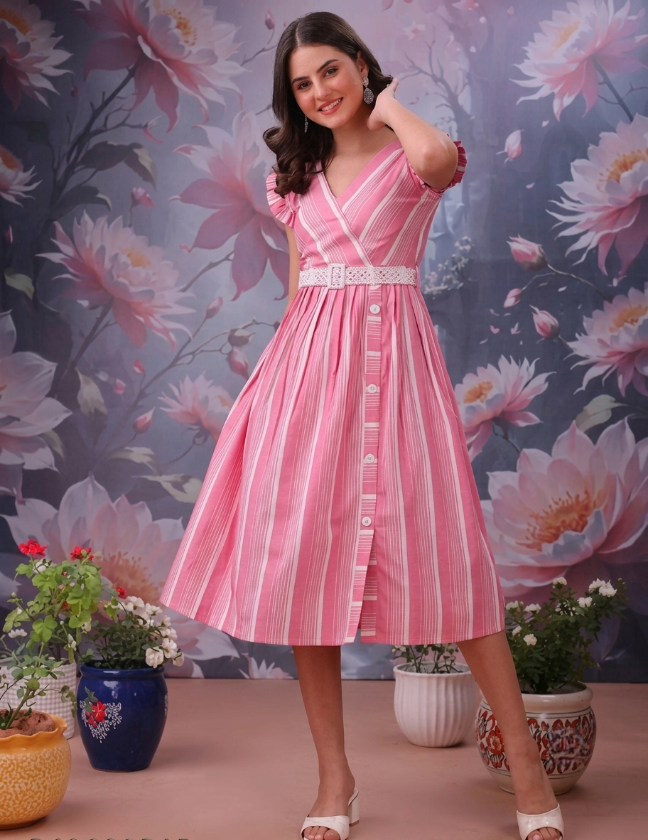 Elegant Pink & White Striped Flare Dress with Belt Trend Craze