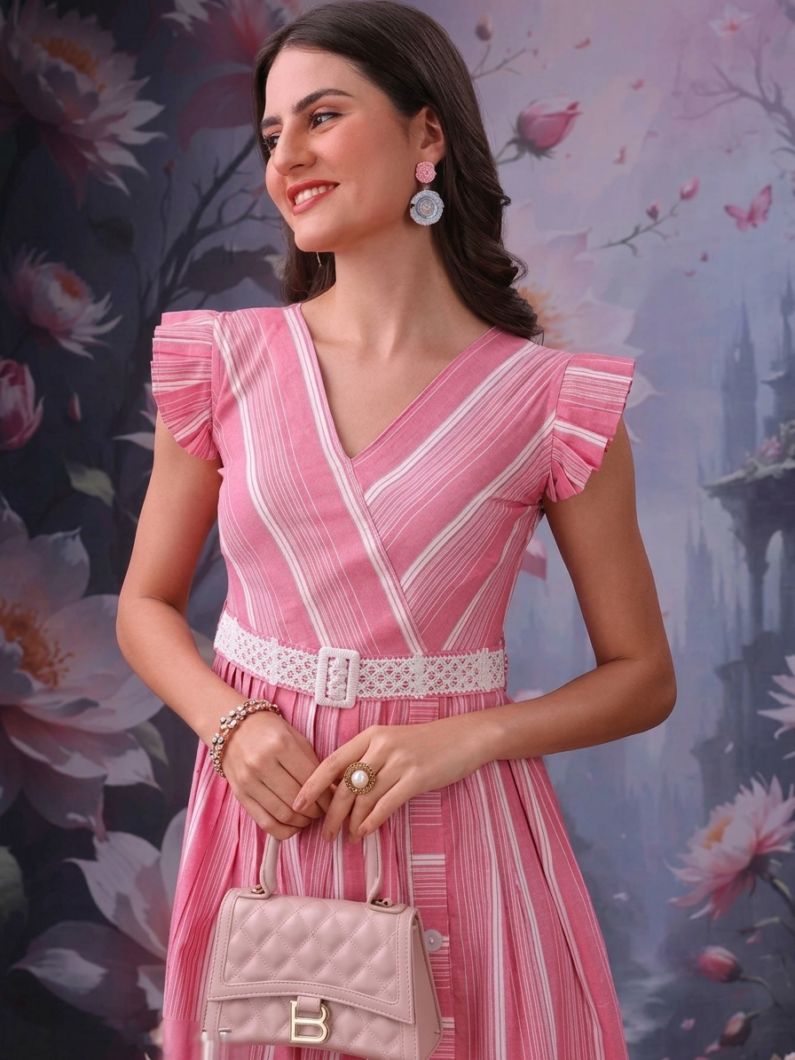 Elegant Pink & White Striped Flare Dress with Belt Trend Craze