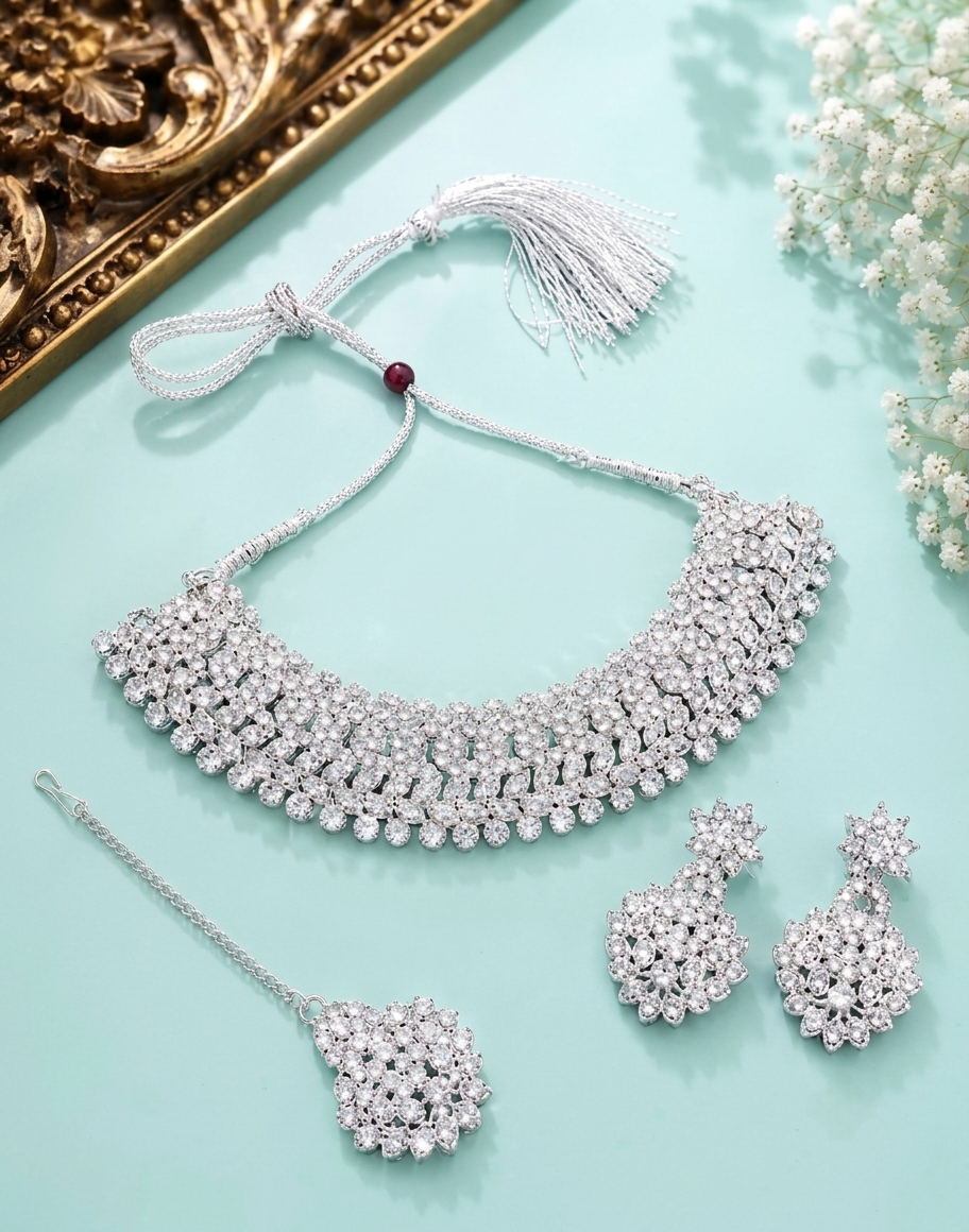 Silver American Diamond Bridal Choker Set with Earrings & Maangtikka Trend Craze