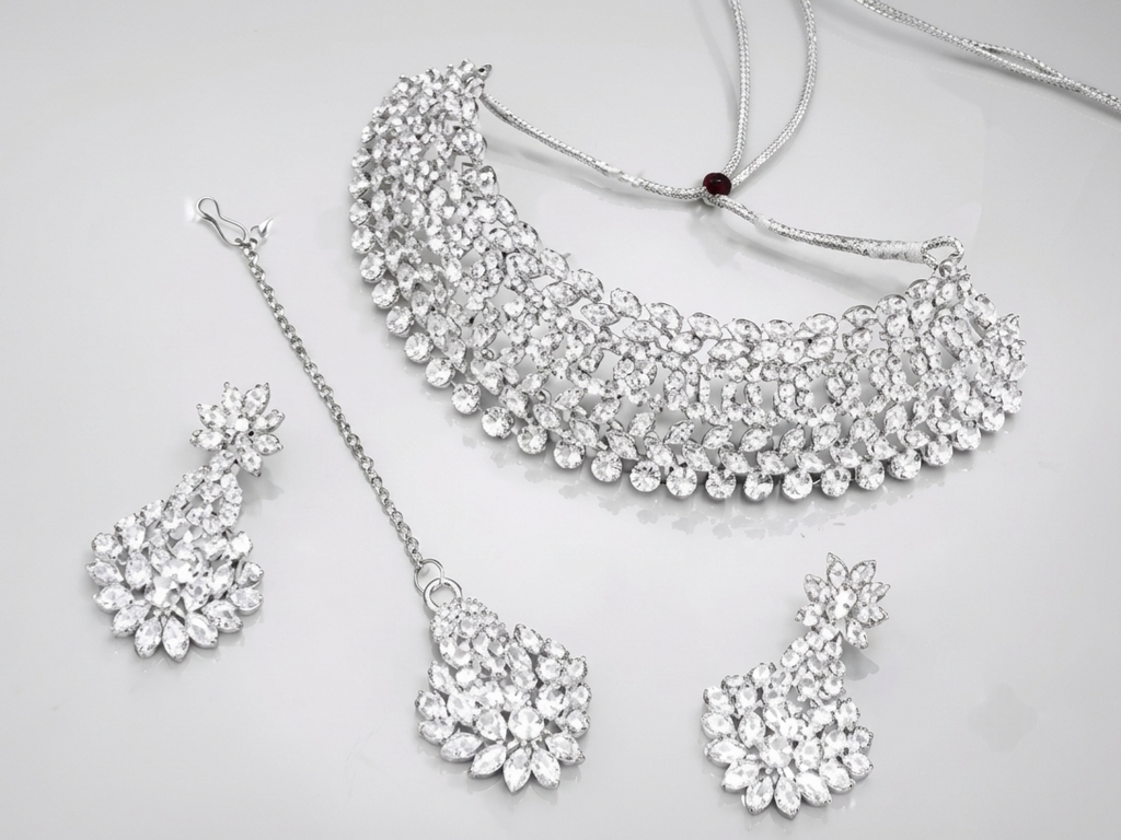 Silver American Diamond Bridal Choker Set with Earrings & Maangtikka Trend Craze