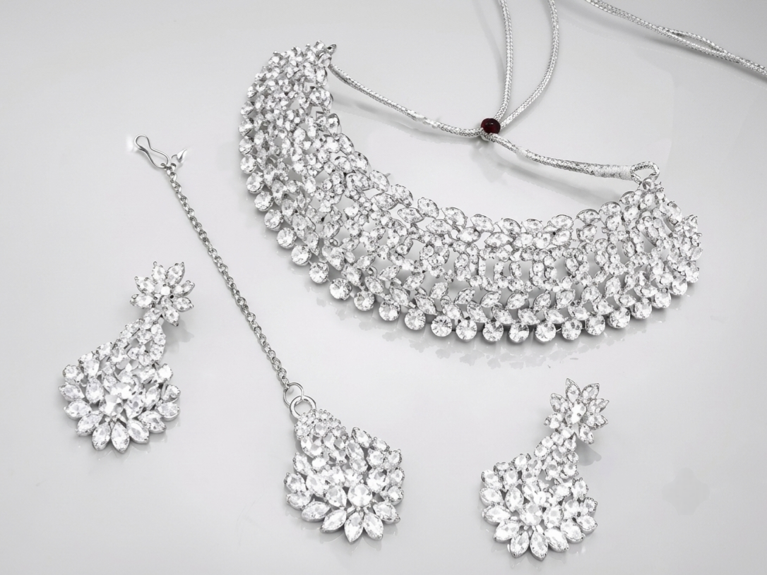 Silver American Diamond Bridal Choker Set with Earrings & Maangtikka Trend Craze