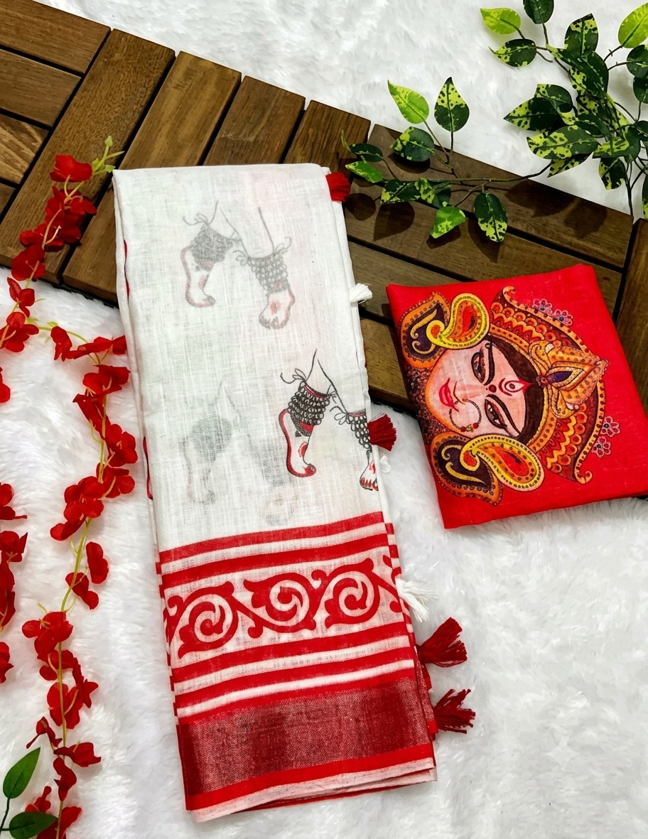 Durga Motif White & Red Linen Saree with Designer Blouse Piece Trend Craze