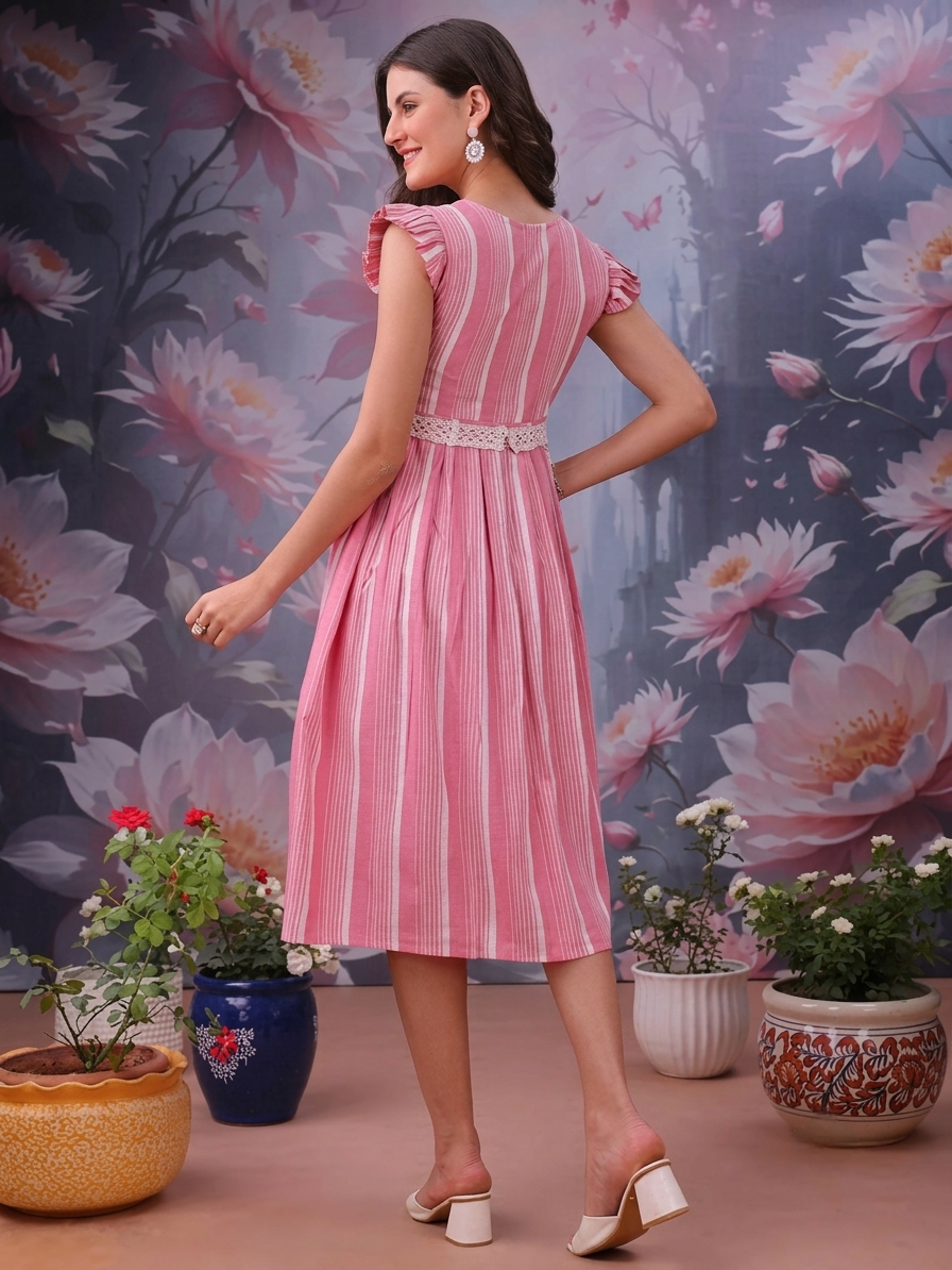 Elegant Pink & White Striped Flare Dress with Belt Trend Craze