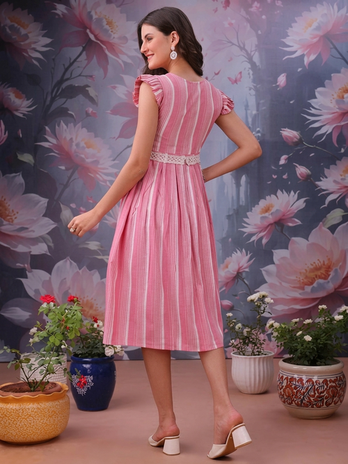 Elegant Pink & White Striped Flare Dress with Belt Trend Craze