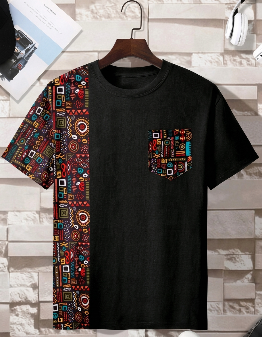 Men's BlackTribal Accent Ribbed Pocket T-Shirt Trend Craze