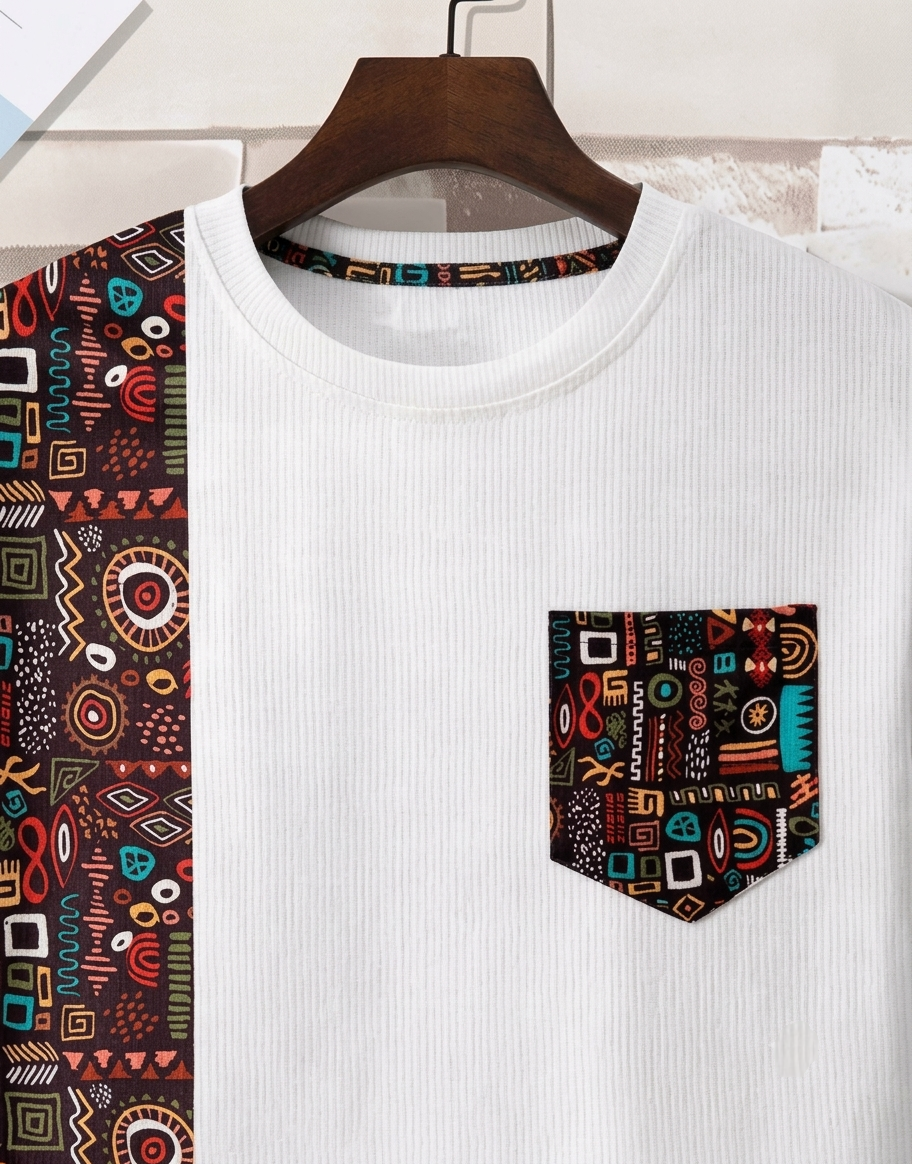 Men's White Tribal Accent Ribbed Pocket T-Shirt Trend Craze