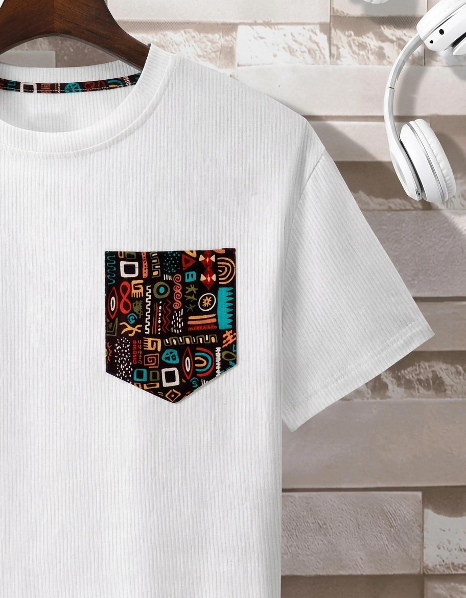 Men's White Tribal Accent Ribbed Pocket T-Shirt Trend Craze