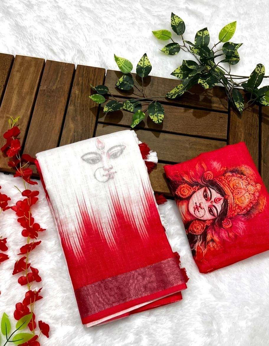 Durga Motif White & Red Linen Saree with Designer Blouse Trend Craze