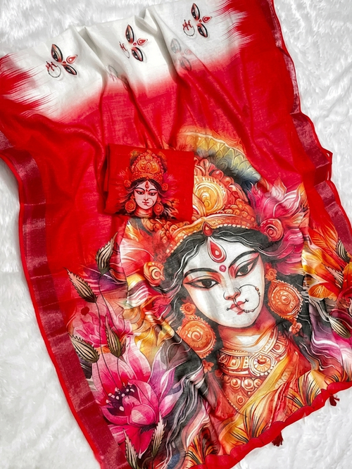 Durga Motif White & Red Linen Saree with Designer Blouse Trend Craze