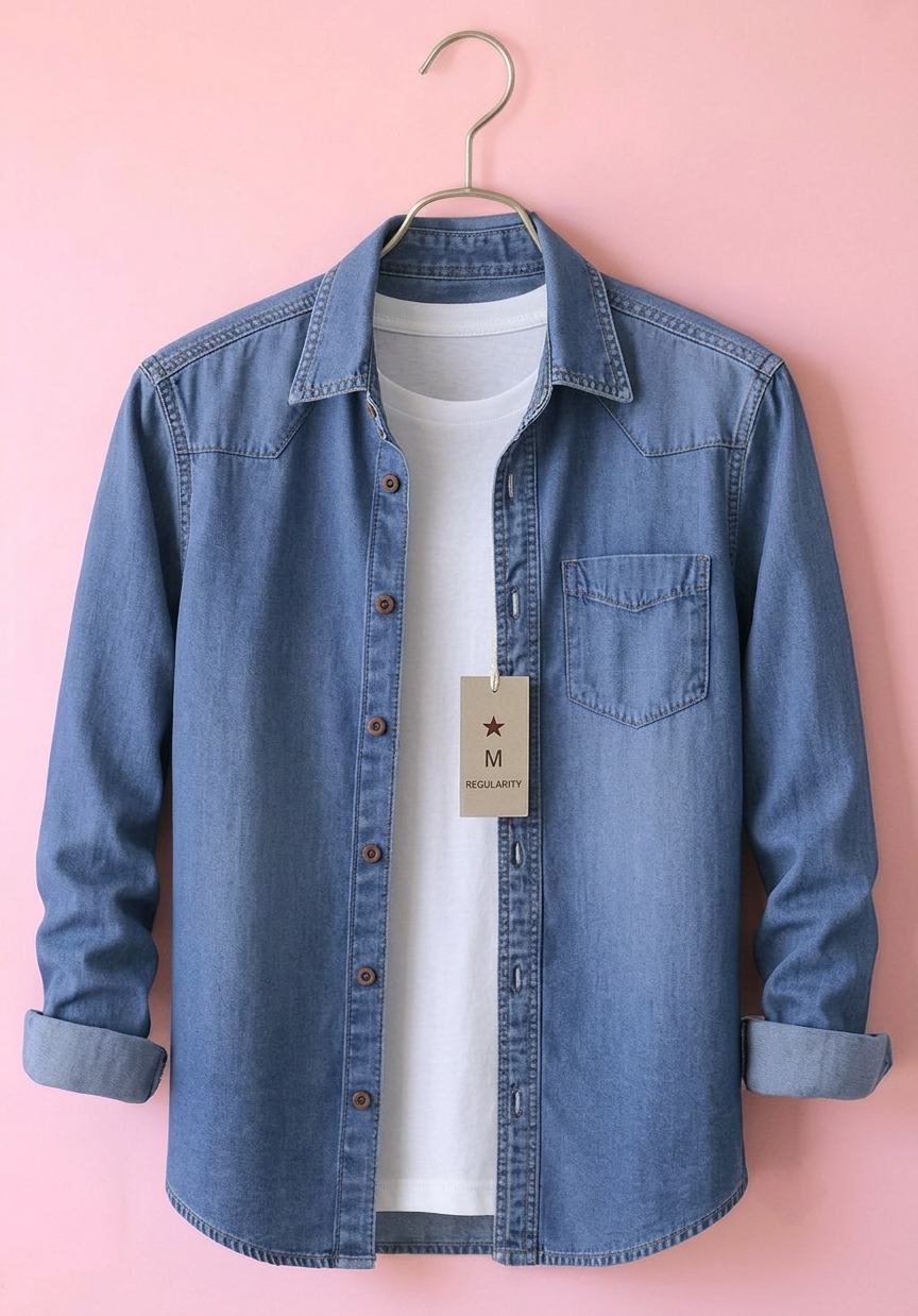 Men's Denim Full-Sleeve Shirt with White T-Shirt Trend Craze