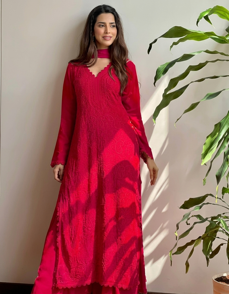 Red Georgette Chikankari Kurta Set with Dupatta Trend Craze