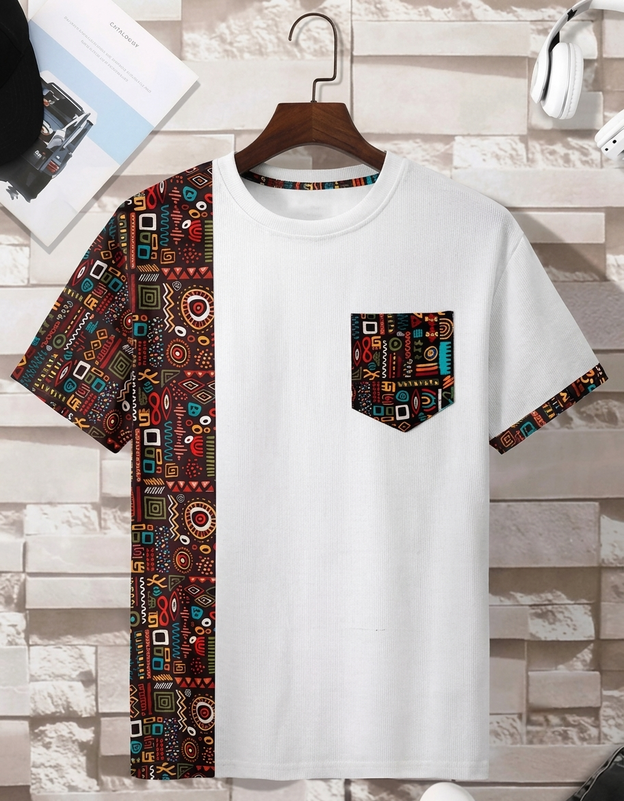 Men's White Tribal Accent Ribbed Pocket T-Shirt Trend Craze