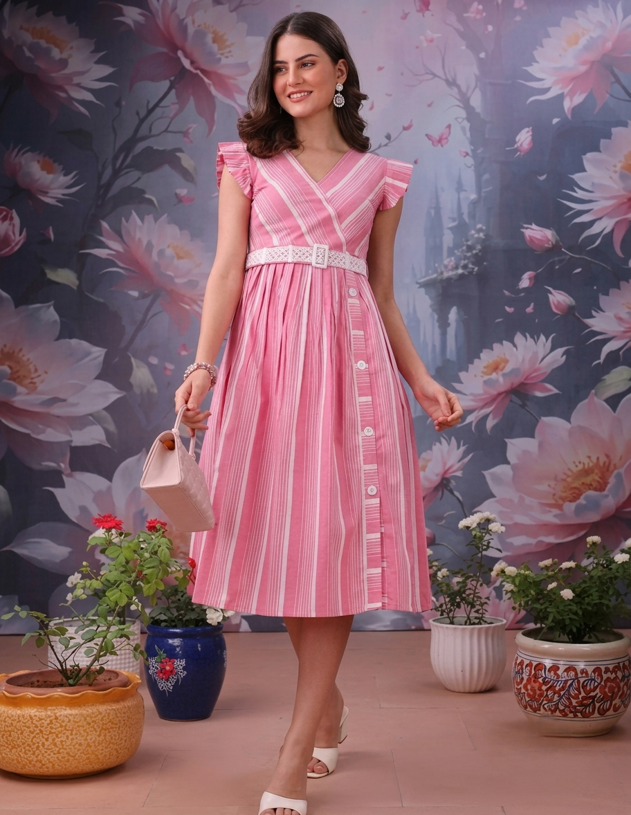 Elegant Pink & White Striped Flare Dress with Belt Trend Craze
