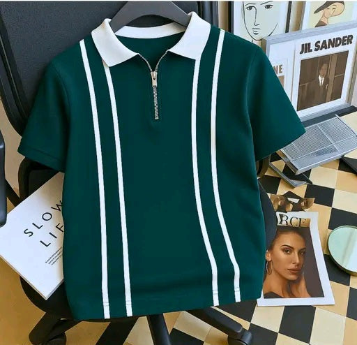 Men's Dark Green Zipper Polo T-Shirt Trend Craze