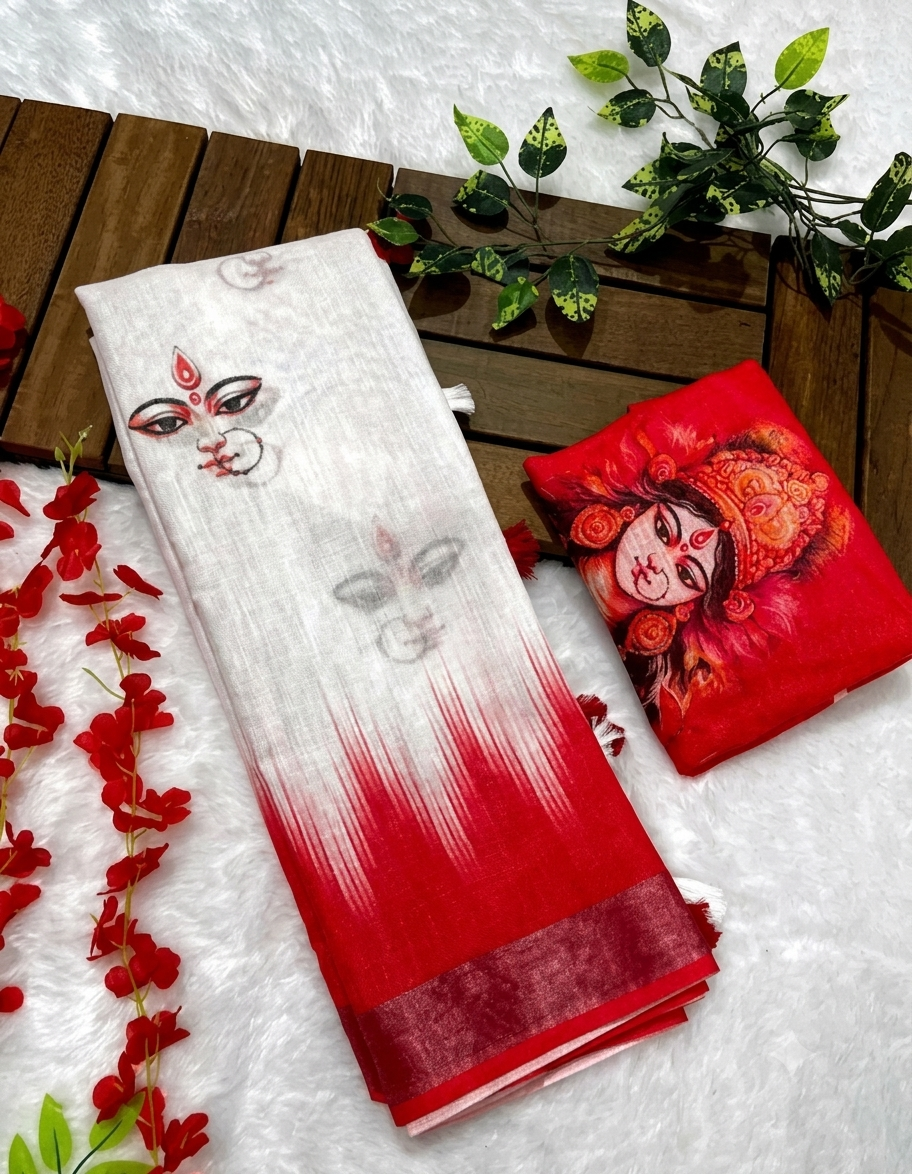 Durga Motif White & Red Linen Saree with Designer Blouse Trend Craze