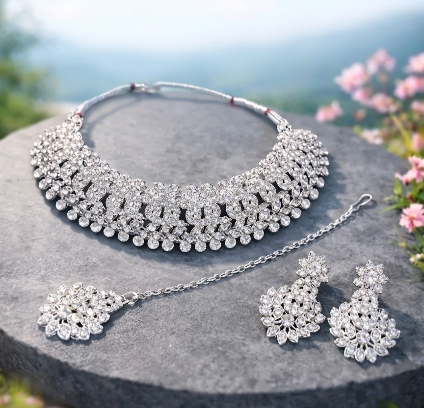 Silver American Diamond Bridal Choker Set with Earrings & Maangtikka Trend Craze