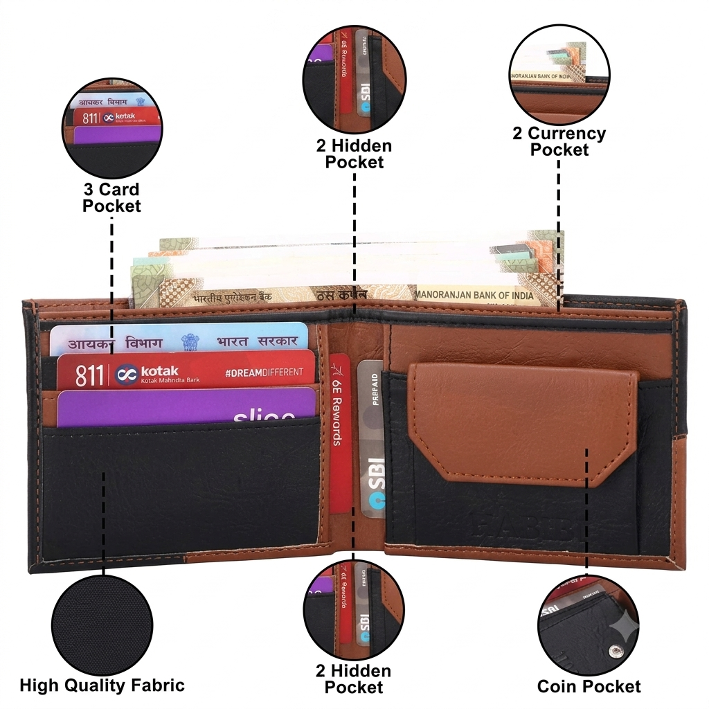 Dual-Tone Brown & Black Leather Bifold Wallet for Men Trend Craze