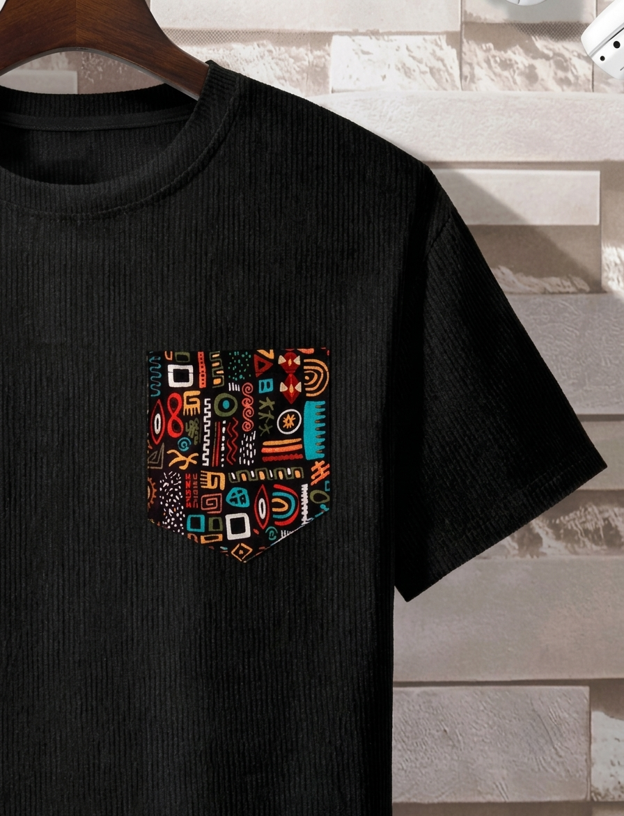 Men's BlackTribal Accent Ribbed Pocket T-Shirt Trend Craze