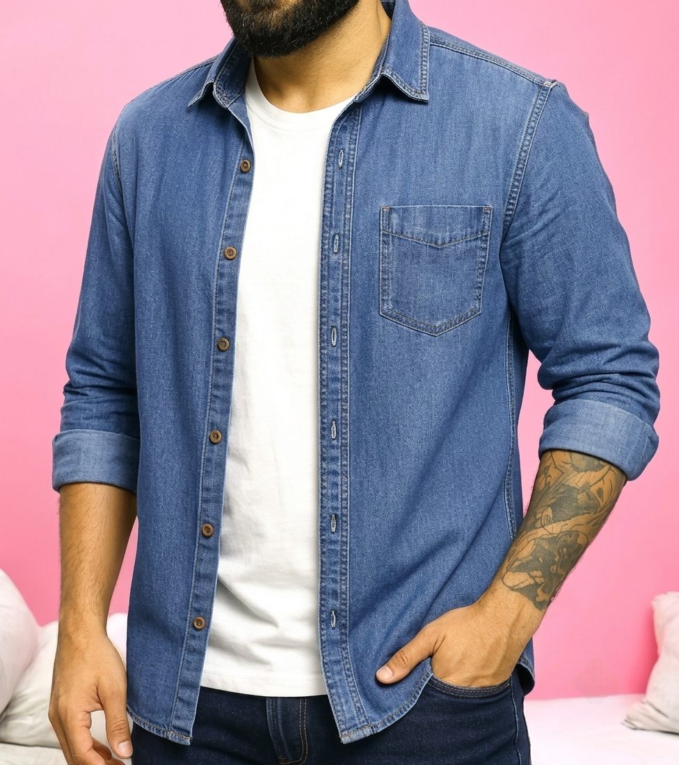 Men's Denim Full-Sleeve Shirt with White T-Shirt Trend Craze