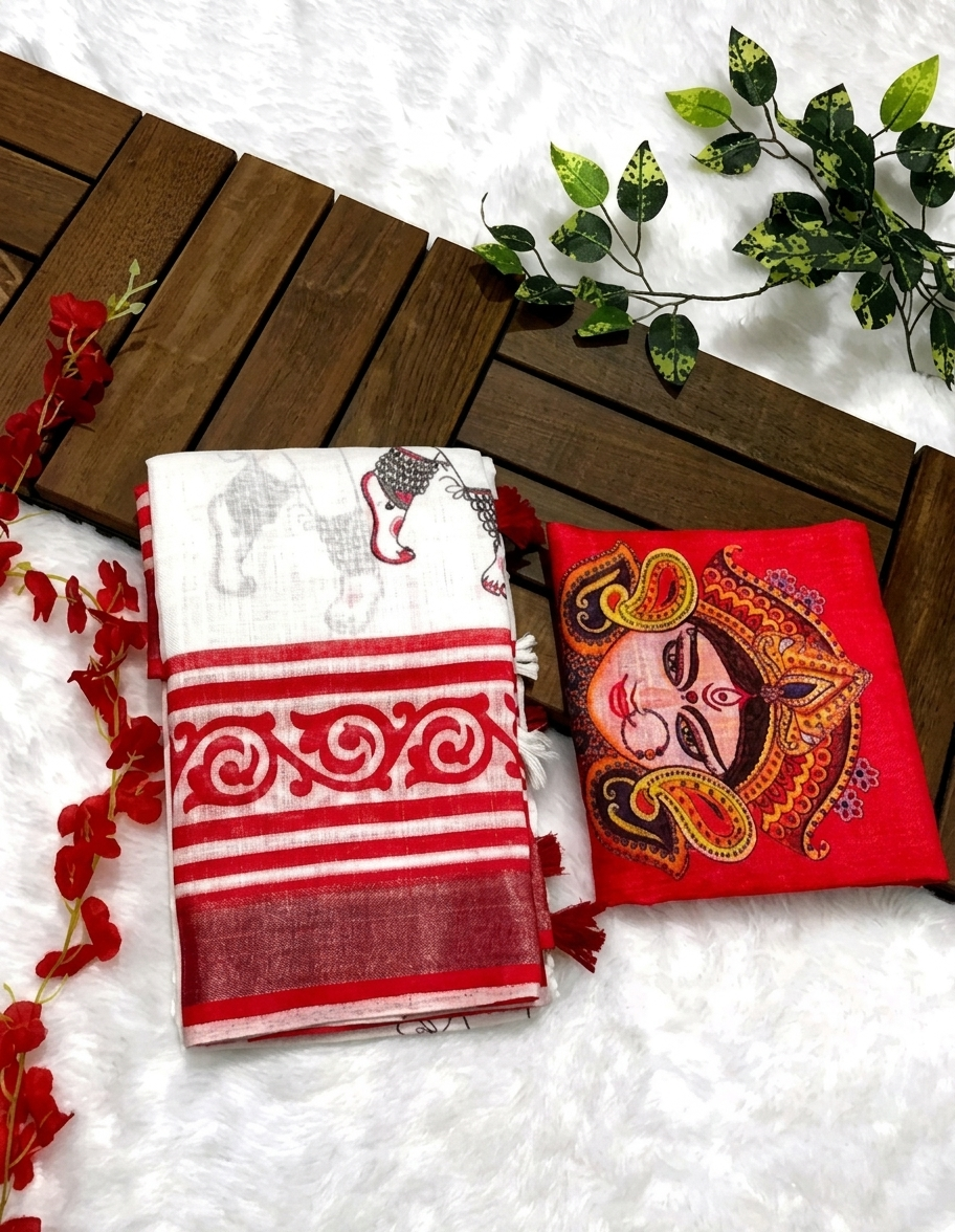 Durga Motif White & Red Linen Saree with Designer Blouse Piece Trend Craze