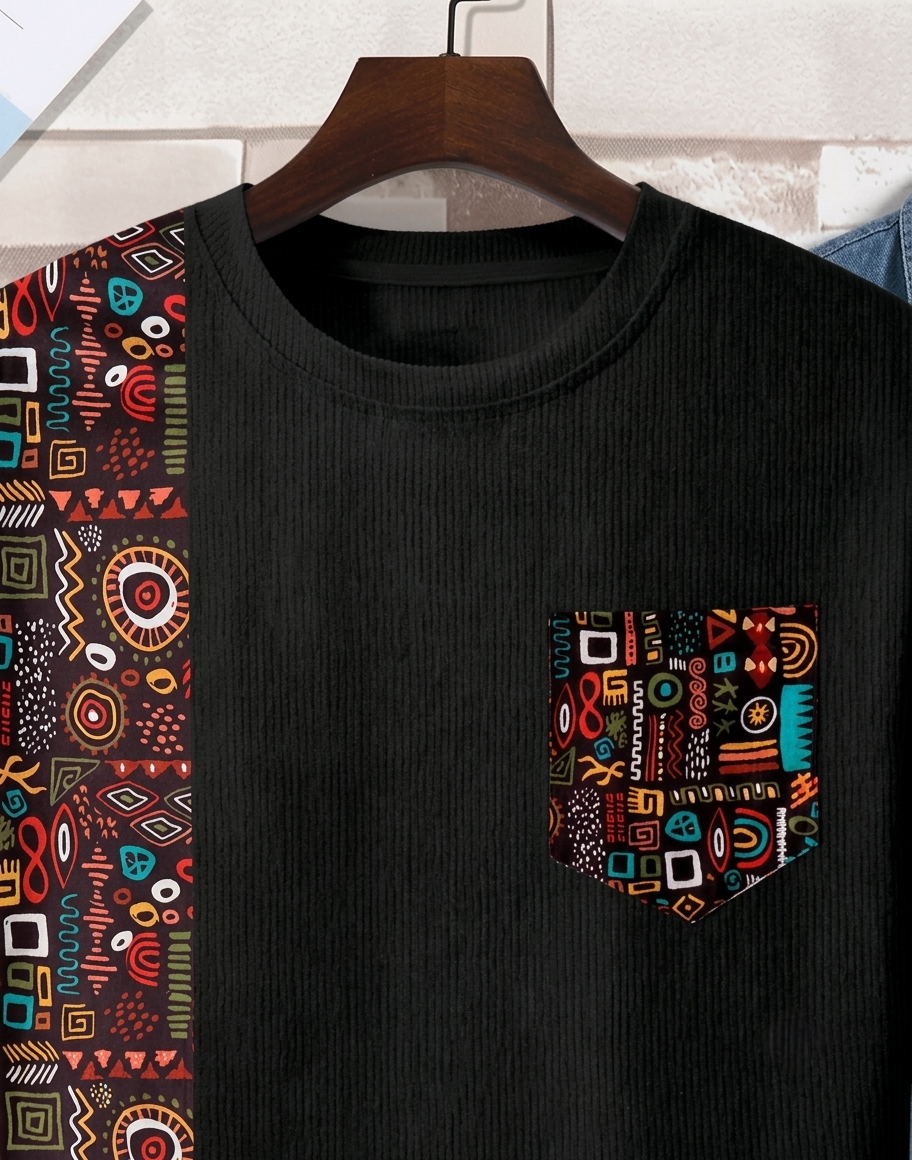 Men's BlackTribal Accent Ribbed Pocket T-Shirt Trend Craze