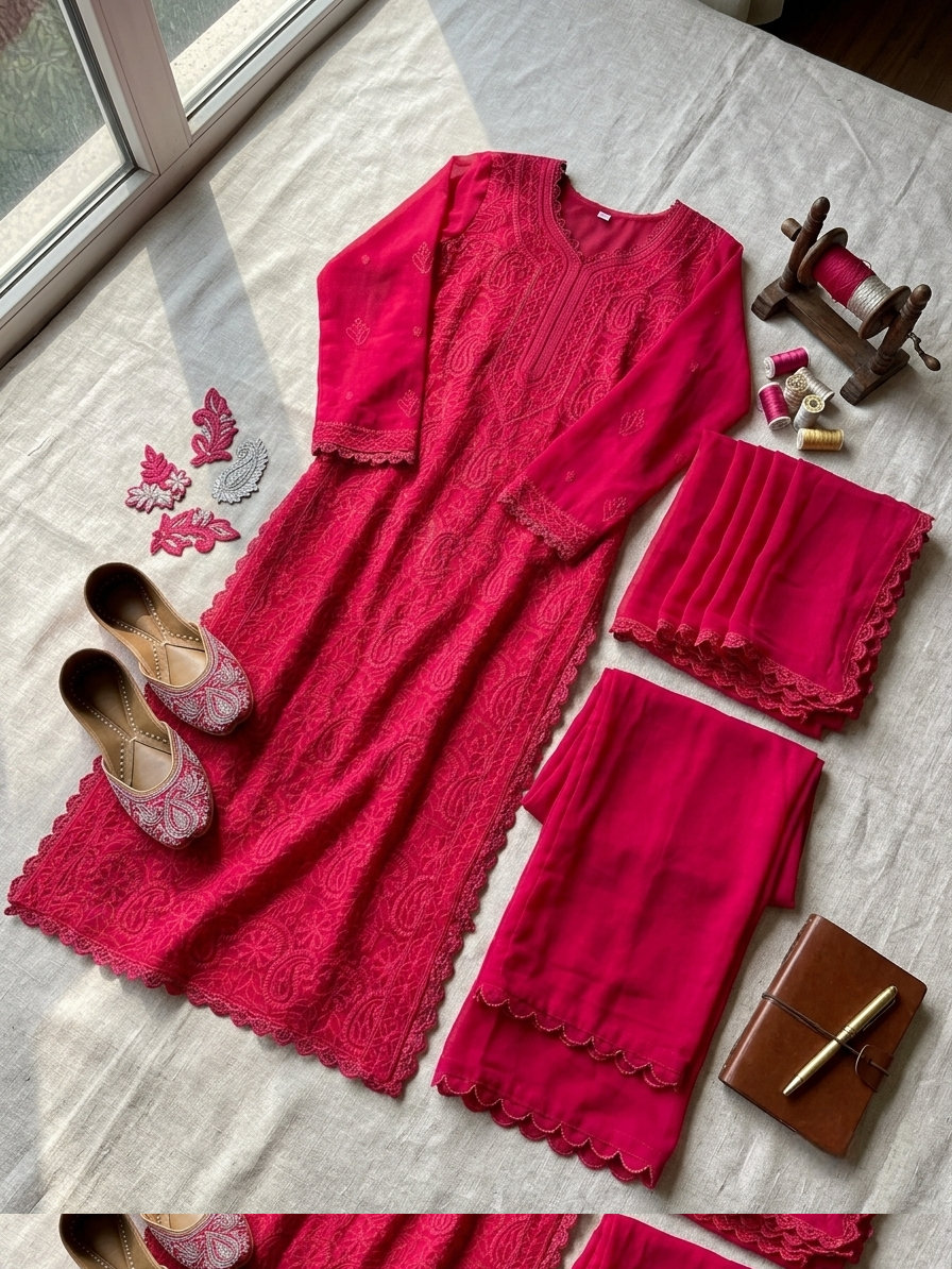 Red Georgette Chikankari Kurta Set with Dupatta Trend Craze