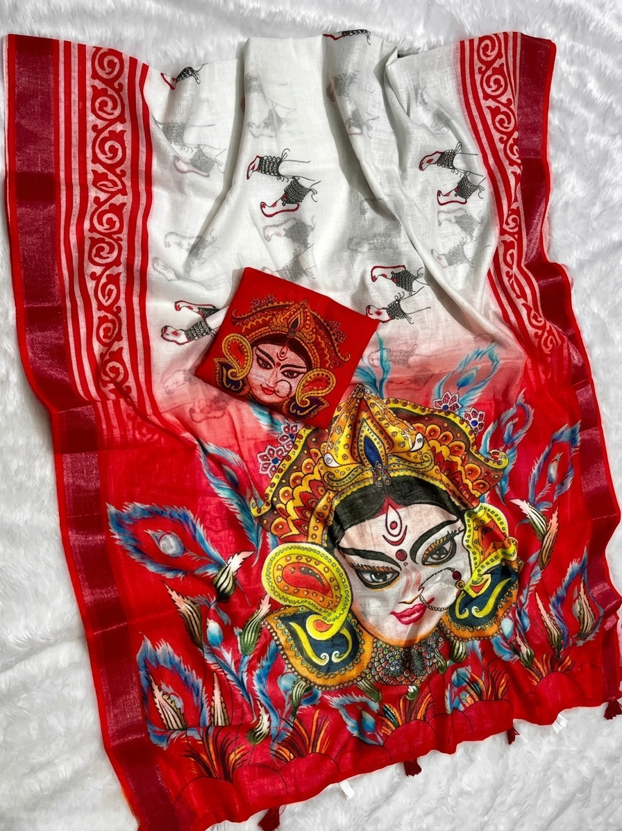 Durga Motif White & Red Linen Saree with Designer Blouse Piece Trend Craze
