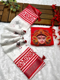 Durga Motif White & Red Linen Saree with Designer Blouse Piece Trend Craze