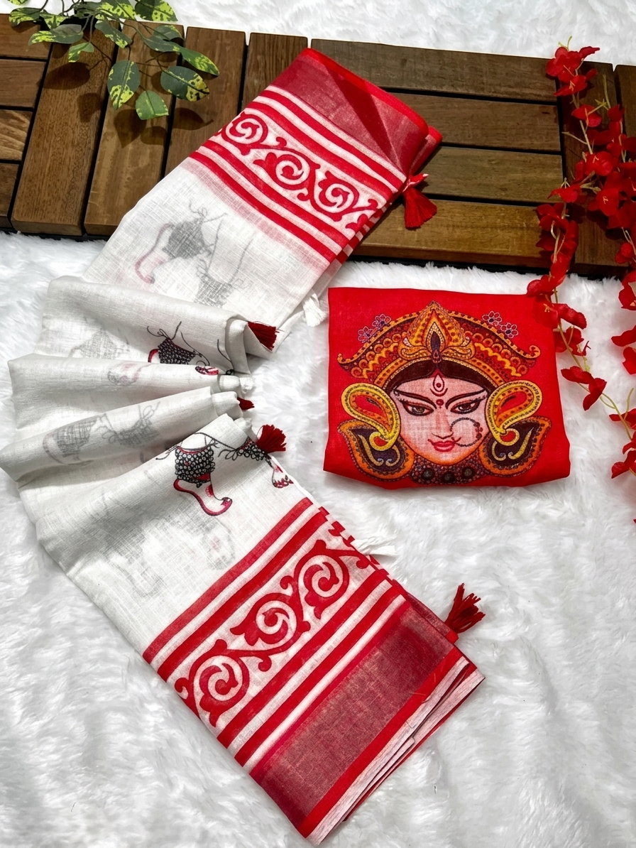 Durga Motif White & Red Linen Saree with Designer Blouse Piece Trend Craze
